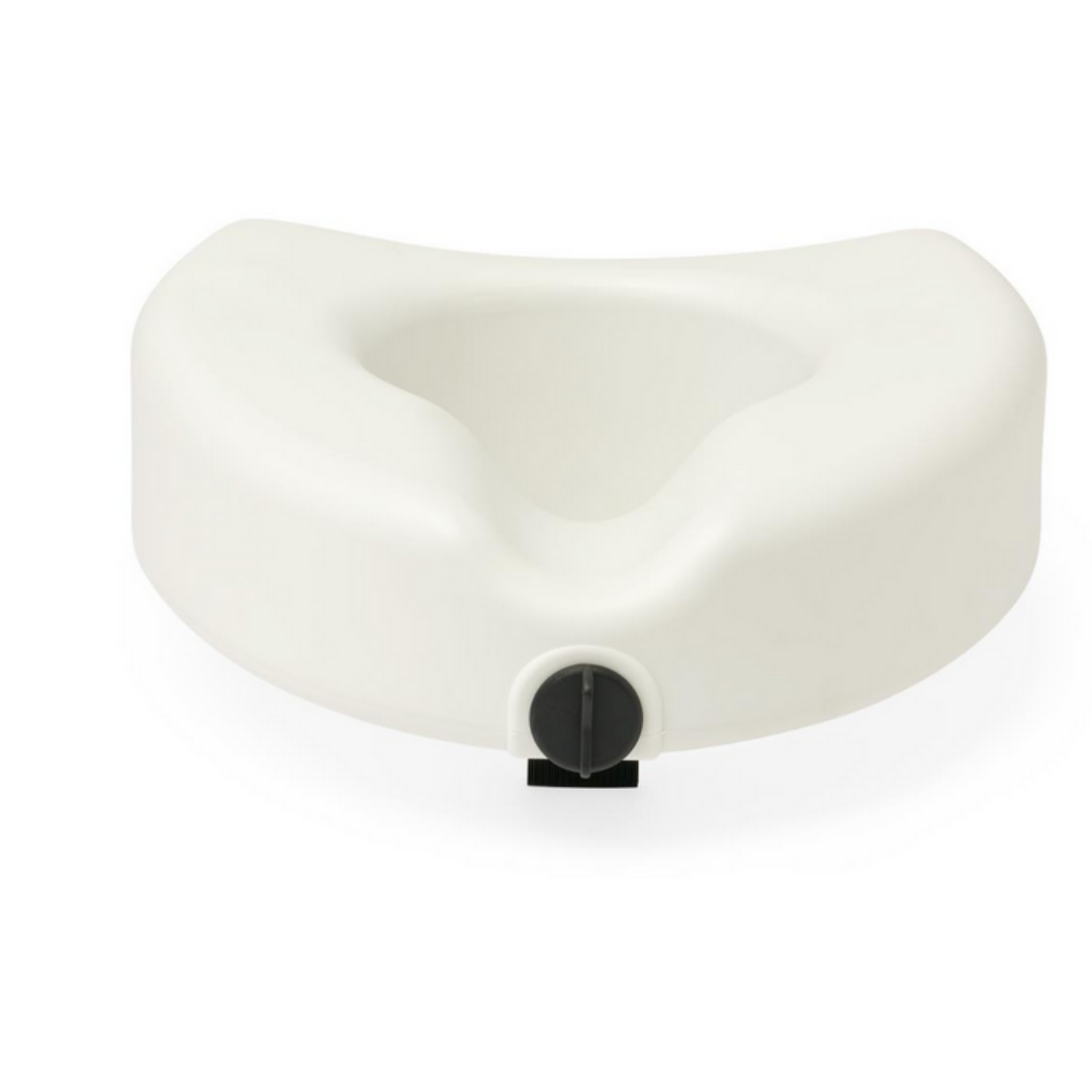 The Medline 5 Raised Easy Locking Toilet Seat with Microban Treatment features an open front, a black locking knob for secure attachment, and Microban Protection for enhanced cleanliness.